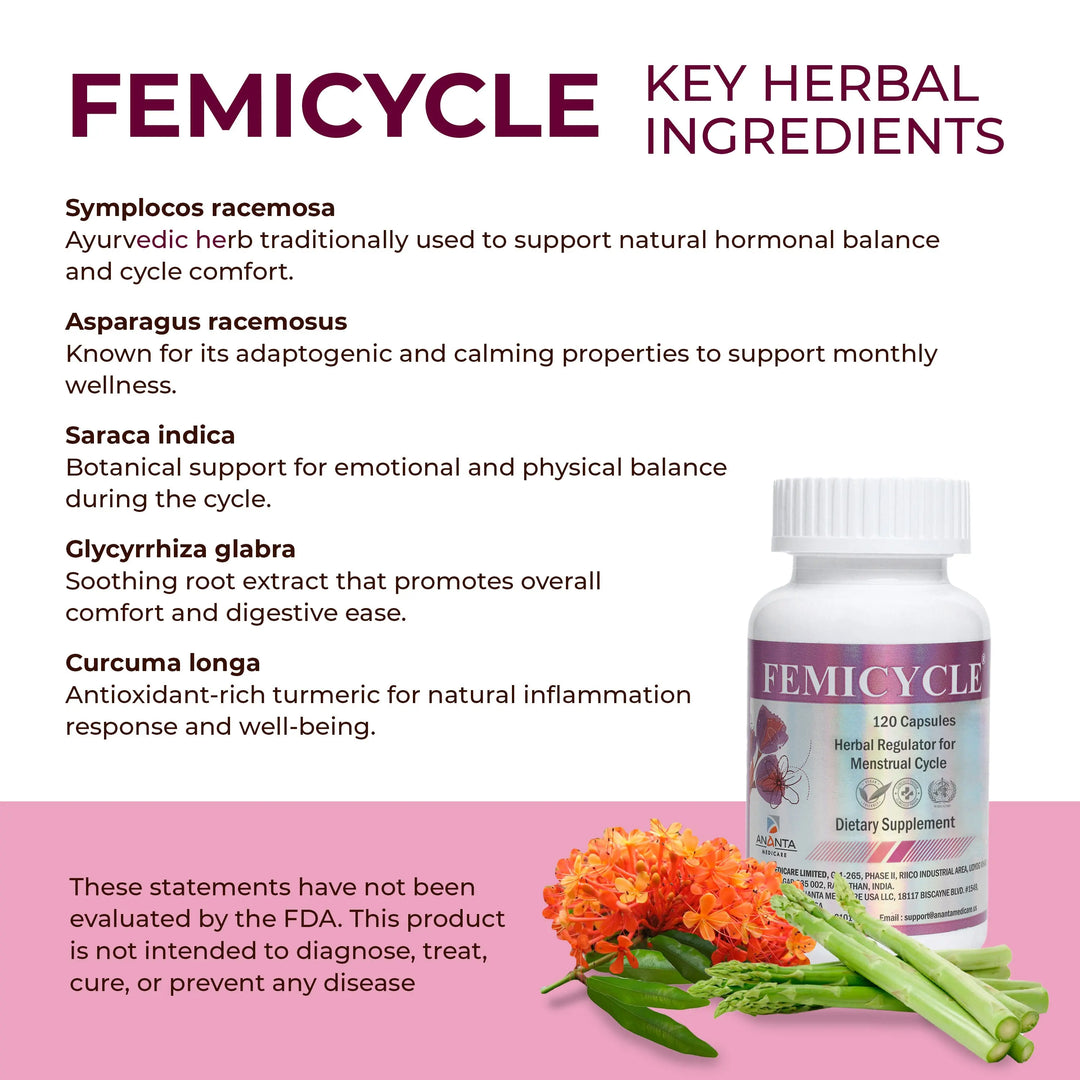 FEMICYCLE - Herbal Formula – Regulates Menstrual Cycle, 120 Capsules - Ananta H&B