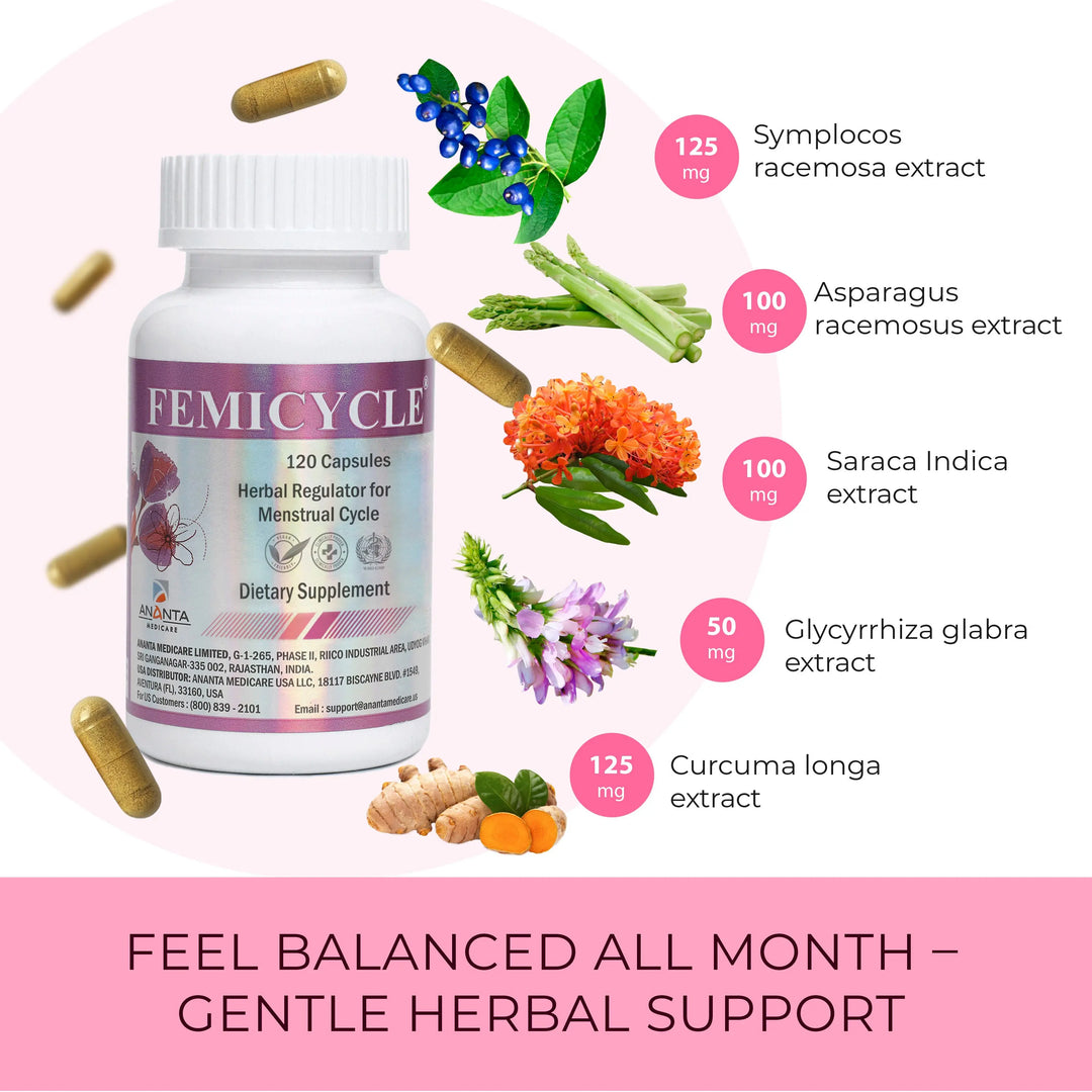 FEMICYCLE - Herbal Formula – Regulates Menstrual Cycle, 120 Capsules - Ananta H&B