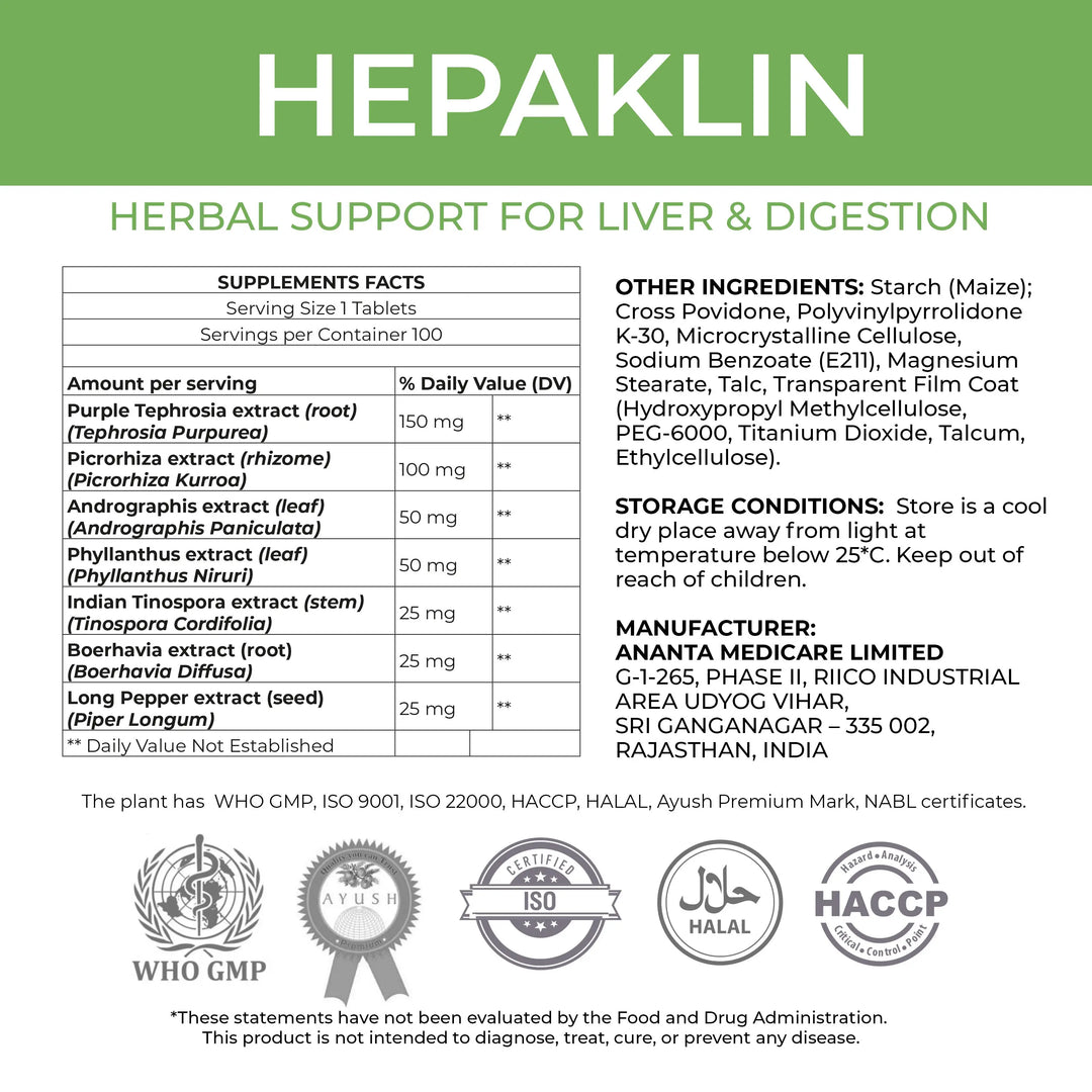 HEPAKLIN – Herbal Liver Detox & Support Formula for Health, 120 Tabs Ananta Medicare