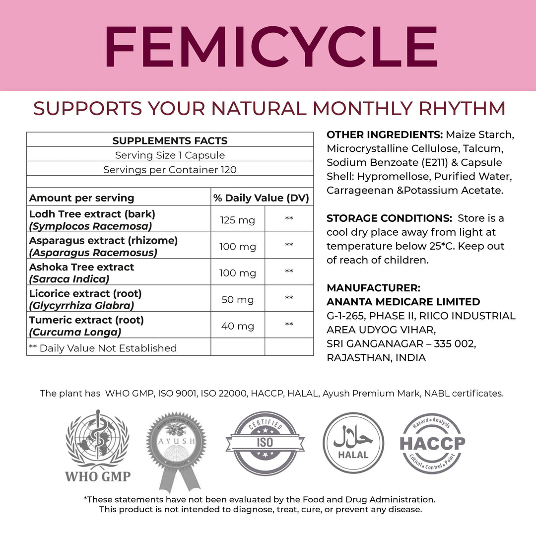 FEMICYCLE - Herbal Formula – Regulates Menstrual Cycle, 120 Capsules - Ananta H&B