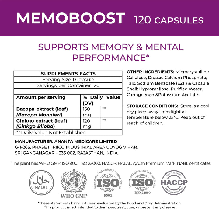 MEMOBOOST – Memory Supplement - Natural Brain & Clarity, 120 Caps - Ananta H&B